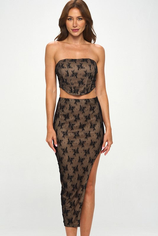 STYLED BY ALX COUTURE MIAMI BOUTIQUE Black Nude Lace Corset Top Midi Skirt Set