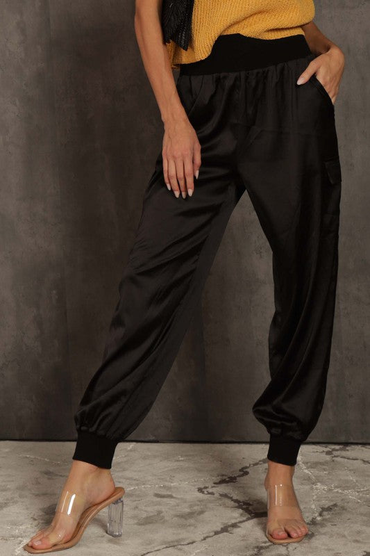 STYLED BY ALX COUTURE MIAMI BOUTIQUE Black Satin Cargo Pants 