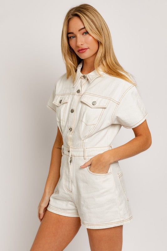 STYLED BY ALX COUTURE MIAMI BOUTIQUE Model is wearing White Short Sleeve Denim Romper 
