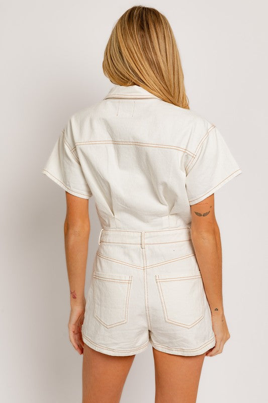 STYLED BY ALX COUTURE MIAMI BOUTIQUE Model is wearing White Short Sleeve Denim Romper, back view of the romper 