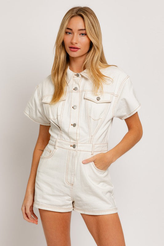 STYLED BY ALX COUTURE MIAMI BOUTIQUE Model is wearing White Short Sleeve Denim Romper 