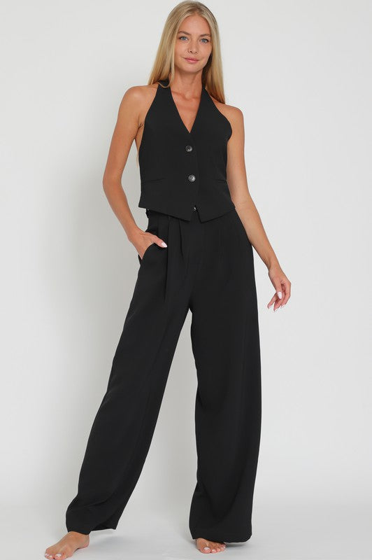 STYLED BY ALX COUTURE MIAMI BOUTIQUE Black Halter Vest Top High Waisted Pants Set