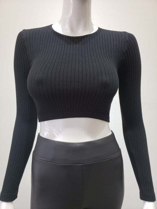 STYLED BY ALX COUTURE MIAMI BOUTIQUE Black Ribbed Crop Round Neck Long Sleeve Crop Top