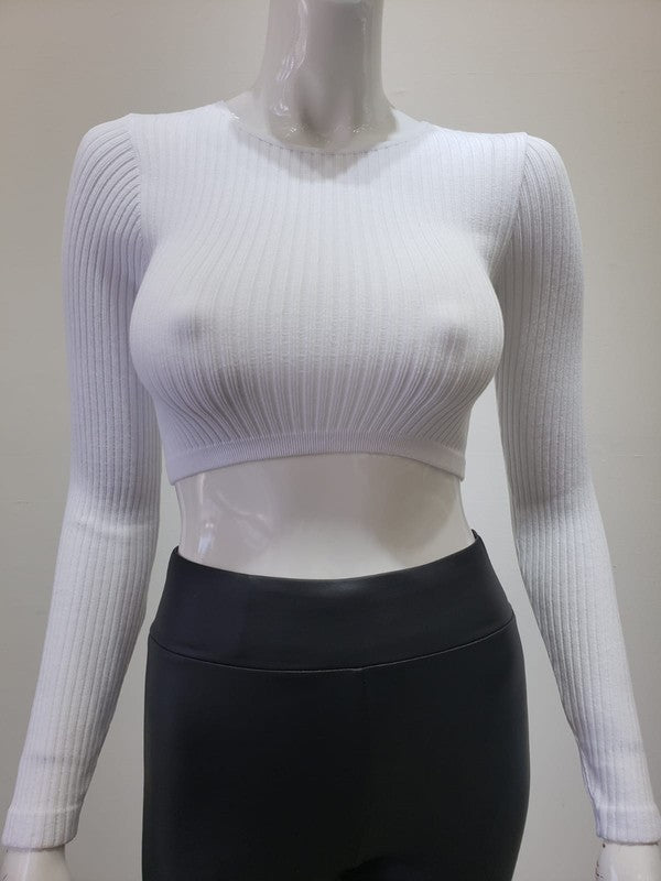 STYLED BY ALX COUTURE MIAMI BOUTIQUE  White Ribbed Crop Round Neck Long Sleeve Crop Top