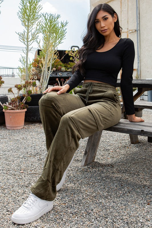 STYLED BY ALX COUTURE MIAMI BOUTIQUE Olive Drawstring Cargo Velour Pants