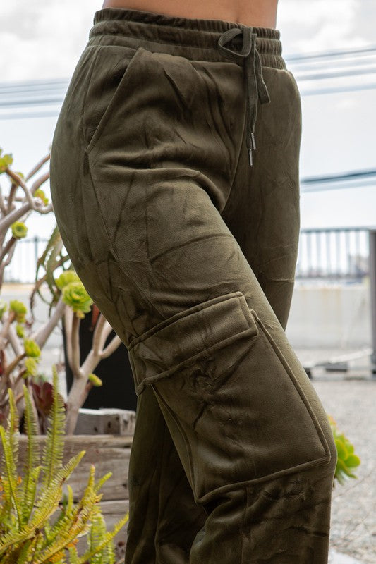 STYLED BY ALX COUTURE MIAMI BOUTIQUE Olive Drawstring Cargo Velour Pants