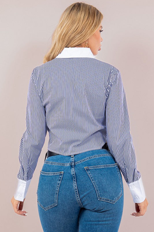 back view of the Blue Striped Constrasted Blouse