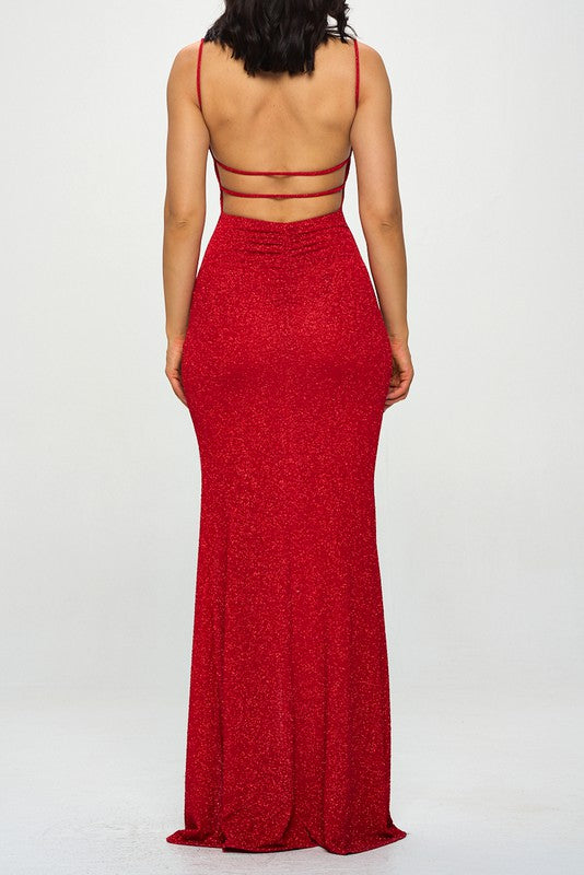 STYLED BY ALX COUTURE MIAMI BOUTIQUE Deep Red Glitter Ruched Bar Back Maxi Dress