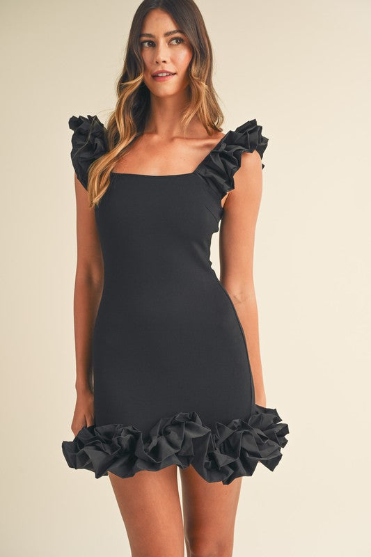 STYLED BY ALX COUTURE MIAMI BOUTIQUE Negro Ruffle Detail Ponte Mini Bodycon Dress