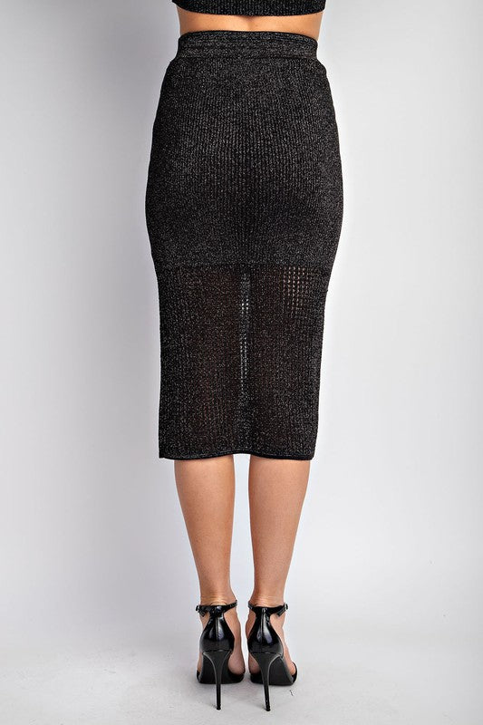 STYLED BY ALX COUTURE MIAMI BOUTIQUE Metallic Black Open Knit Metallic Sweater Midi Skirt