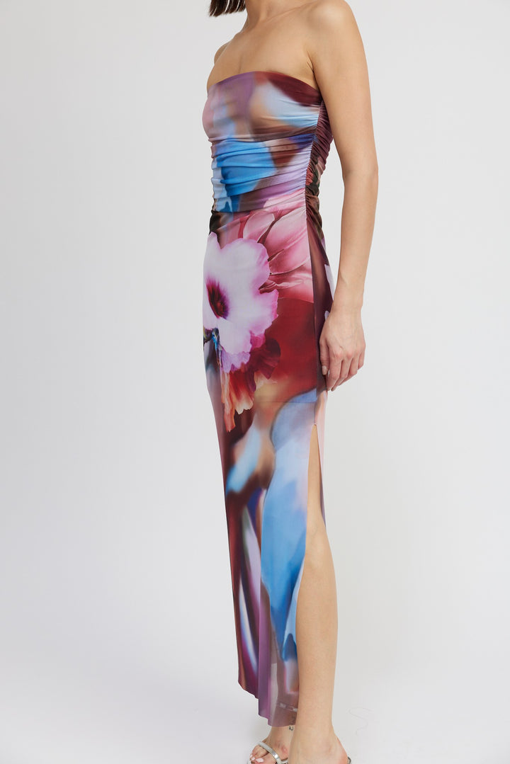STYLED BY ALX COUTURE MIAMI BOUTIQUE Wine Combo Floral Sheer Tube Slit Maxi Dress