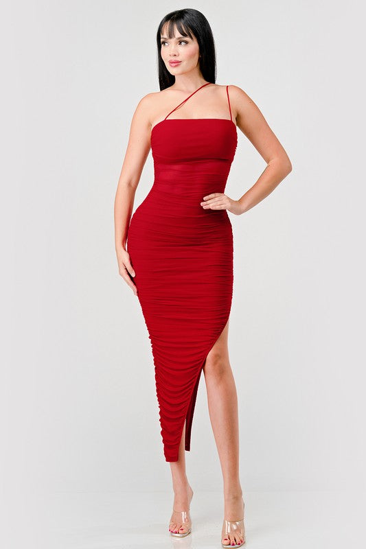 STYLED BY ALX COUTURE MIAMI BOUTIQUE Red Luxe Mesh See-Thru Asymmetrical Ruched Dress