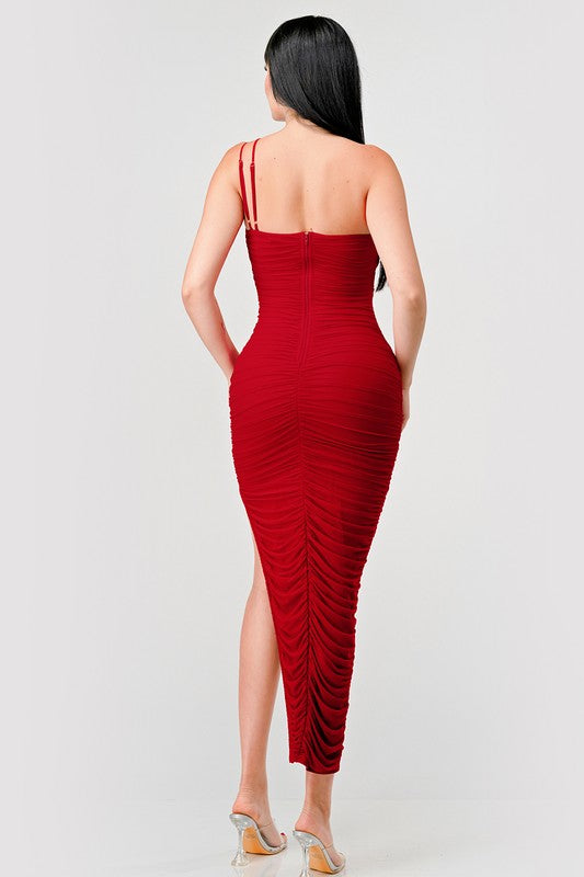 STYLED BY ALX COUTURE MIAMI BOUTIQUE Red Luxe Mesh See-Thru Asymmetrical Ruched Dress
