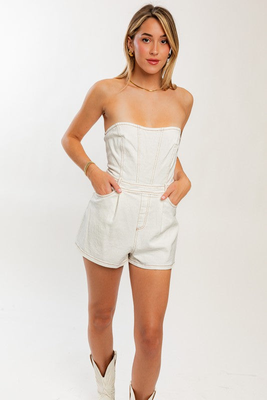 STYLED BY ALX COUTURE MIAMI BOUTIQUE Model is wearing White Denim Tube Romper and  white boots 