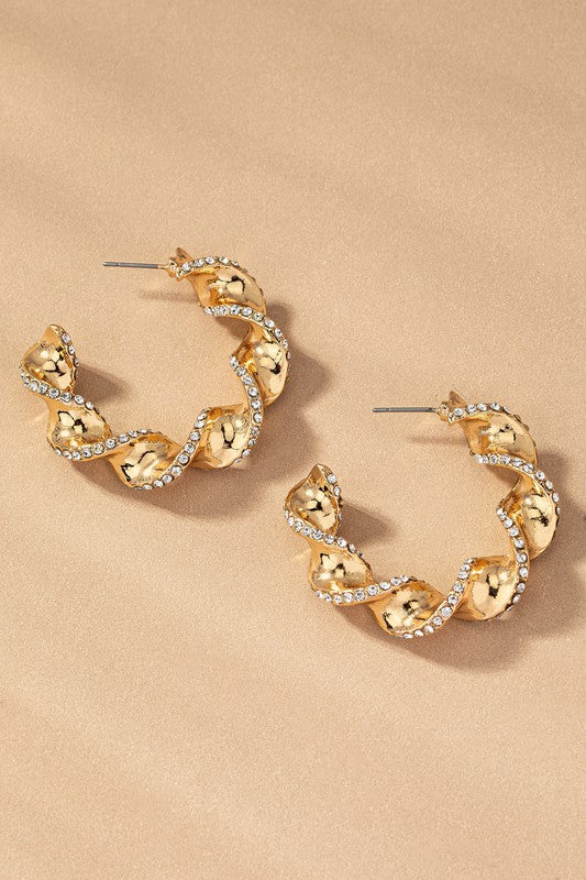 STYLED BY ALX COUTURE MIAMI BOUTIQUE Gold Twisted Ribbon Hoop with Pave Rhinestones Earring