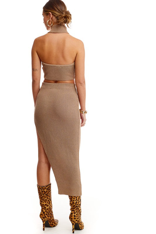 STYLED BY ALX COUTURE MIAMI BOUTIQUE Tan Sugar Side Slit Midi Skirt Set