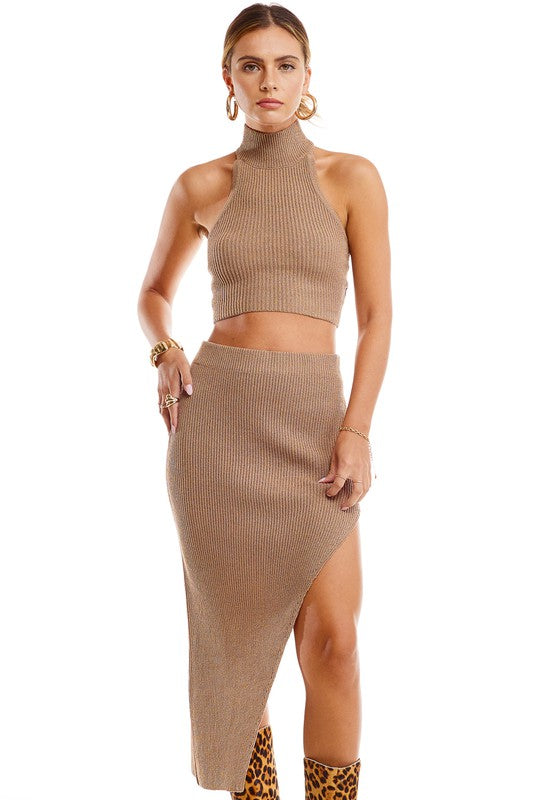 STYLED BY ALX COUTURE MIAMI BOUTIQUE Tan Sugar Side Slit Midi Skirt Set