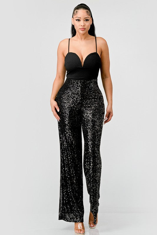 STYLED BY ALX COUTURE MIAMI BOUTIQUE Black Luxe Crepe Sweetheart Sequins Wide Leg Jumpsuit