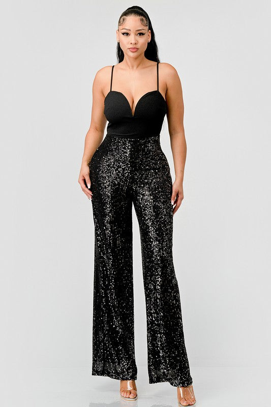 STYLED BY ALX COUTURE MIAMI BOUTIQUE Black Luxe Crepe Sweetheart Sequins Wide Leg Jumpsuit 