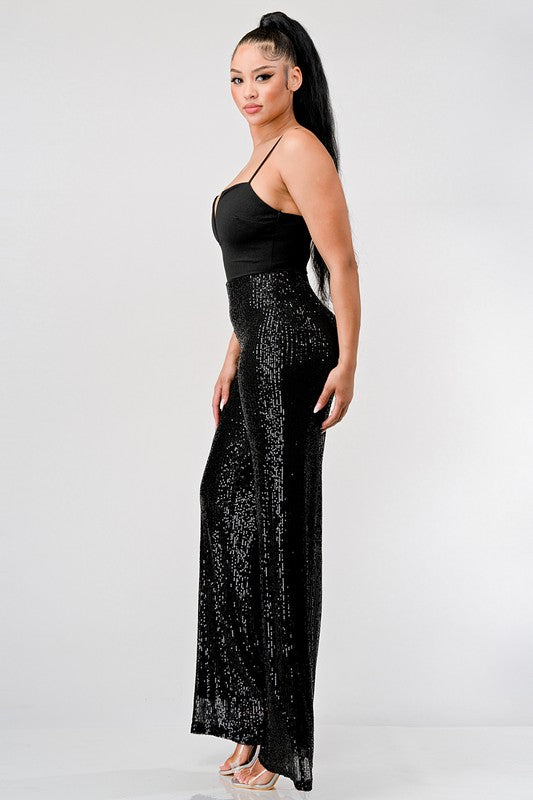 STYLED BY ALX COUTURE MIAMI BOUTIQUE Black Luxe Crepe Sweetheart Sequins Wide Leg Jumpsuit