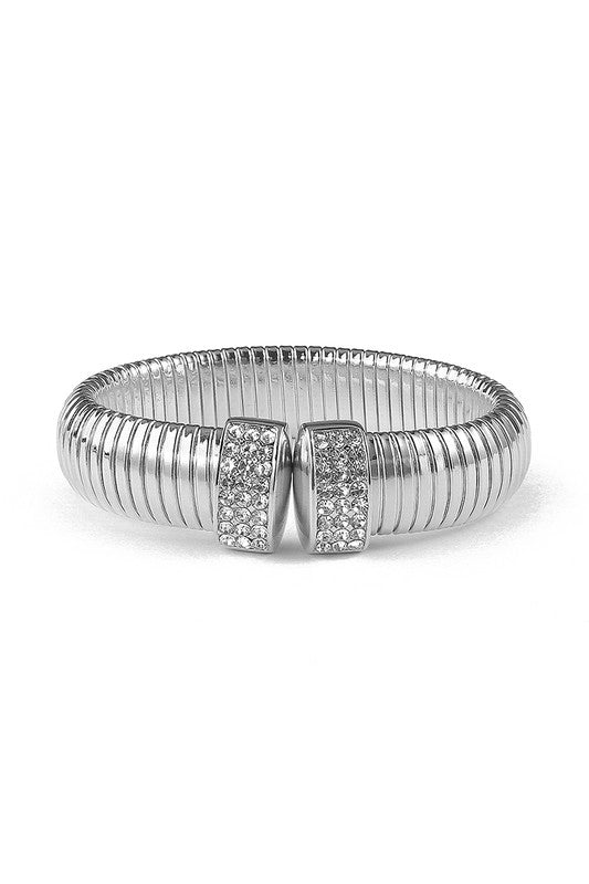 STYLED BY ALX COUTURE MIAMI BOUTIQUE Stainless Steel Rhinestone Statement Open Bangle