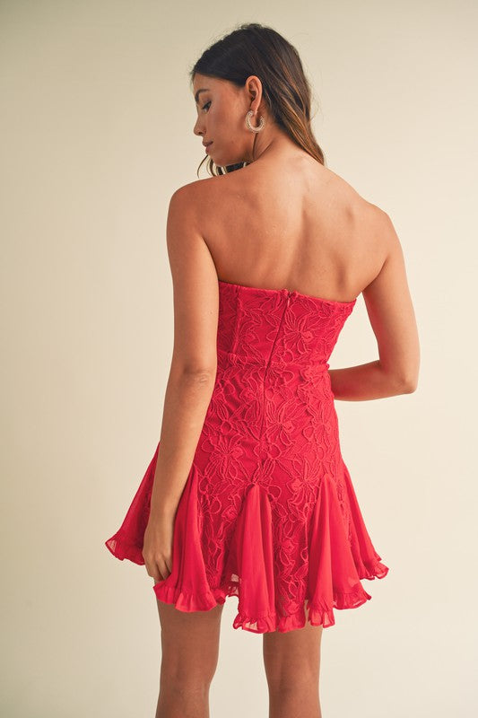 STYLED BY ALX COUTURE MIAMI BOUTIQUE Red Floral Lace Bustier Corset Mini Dress