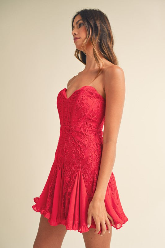 STYLED BY ALX COUTURE MIAMI BOUTIQUE Red Floral Lace Bustier Corset Mini Dress