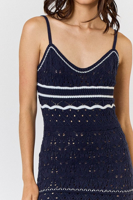 close up view of the Navy Crochet Striped Maxi Dress 