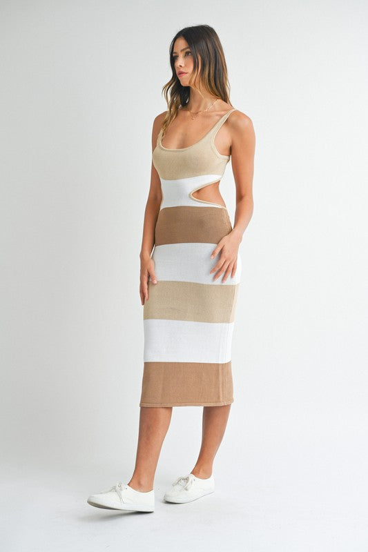 model is wearing Taupe Multi Color Block Backless Midi Dress 