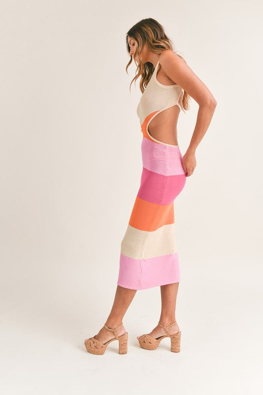 side of the Pink Multi Color Block Backless Midi Dress