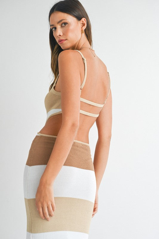 back of the Taupe Multi Color Block Backless Midi Dress
