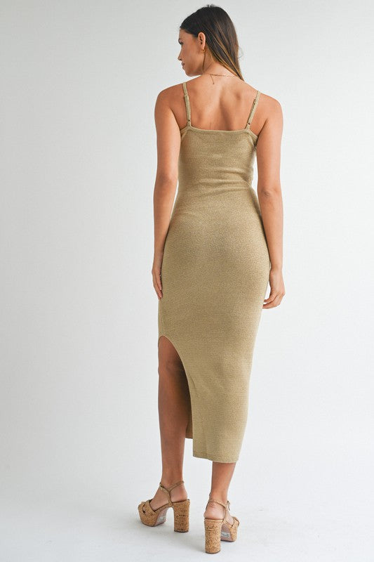 STYLED BY ALX COUTURE MIAMI BOUTIQUE Taupe Knit Bodycon Front Cutout Midi Dress
