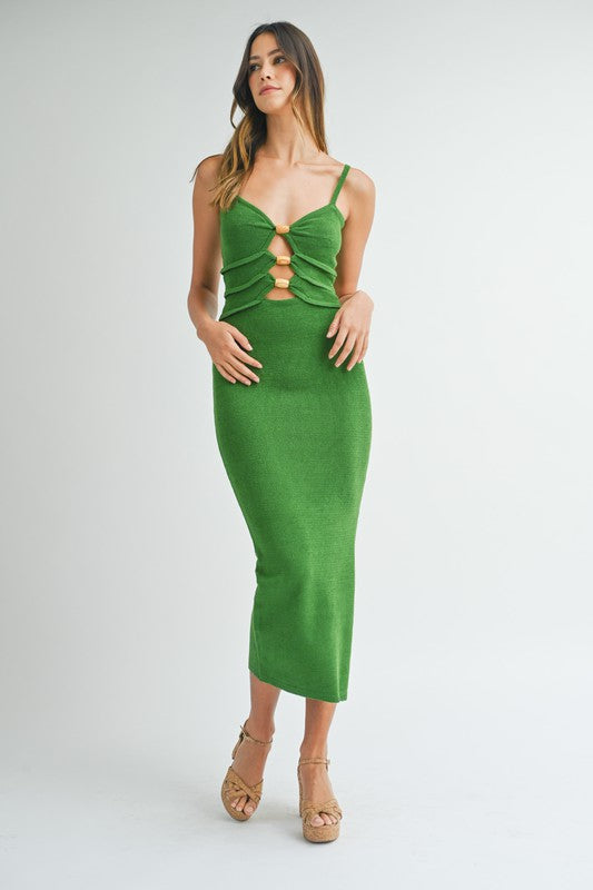 STYLED BY ALX COUTURE MIAMI BOUTIQUE Green Knit Bodycon Front Cutout Midi Dress 