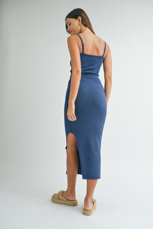 STYLED BY ALX COUTURE MIAMI BOUTIQUE Navy Knit Bodycon Front Cutout Midi Dress