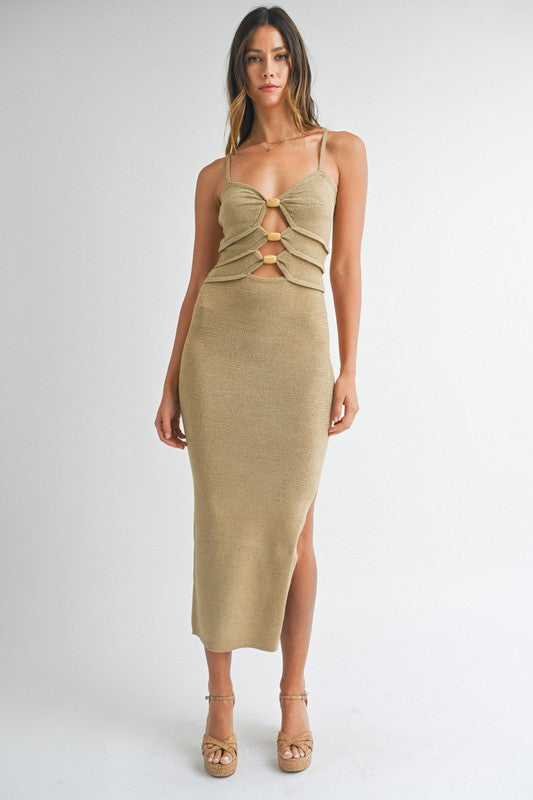 STYLED BY ALX COUTURE MIAMI BOUTIQUE Taupe Knit Bodycon Front Cutout Midi Dress