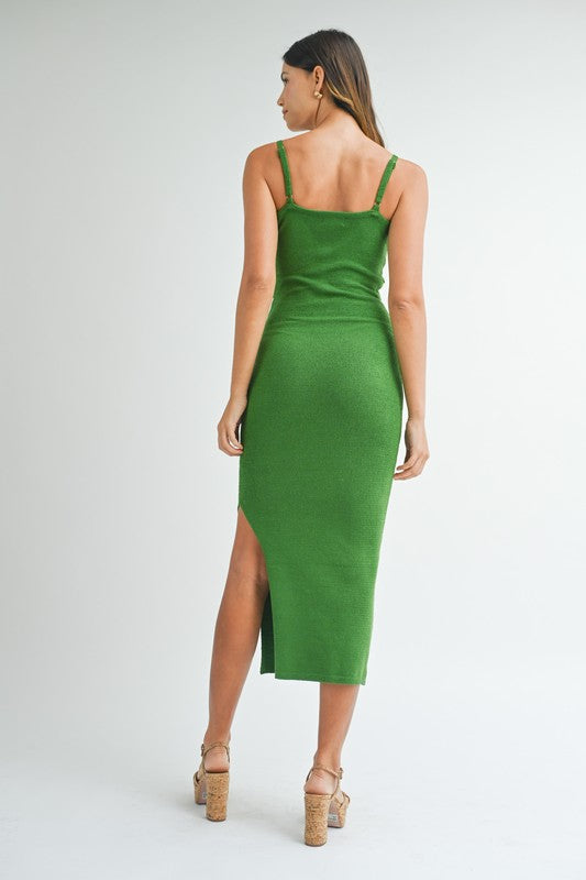 STYLED BY ALX COUTURE MIAMI BOUTIQUE Green Knit Bodycon Front Cutout Midi Dress