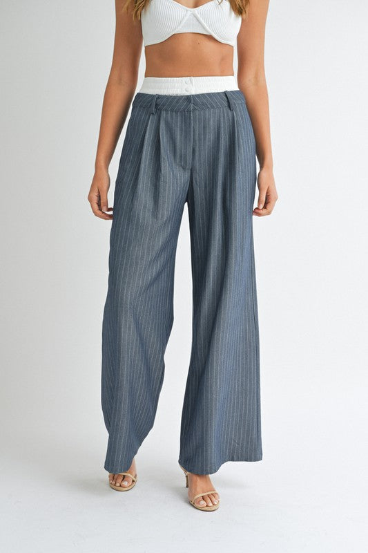 STYLED BY ALX COUTURE MIAMI BOUTIQUE Dark Navy Pin Stripe Wide Leg Trouser