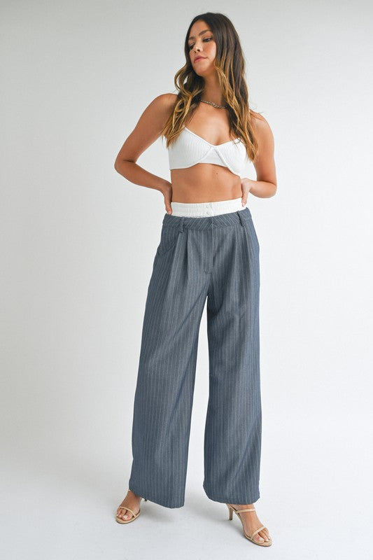 STYLED BY ALX COUTURE MIAMI BOUTIQUE Dark Navy Pin Stripe Wide Leg Trouser