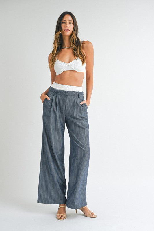 STYLED BY ALX COUTURE MIAMI BOUTIQUE Dark Navy Pin Stripe Wide Leg Trouser 