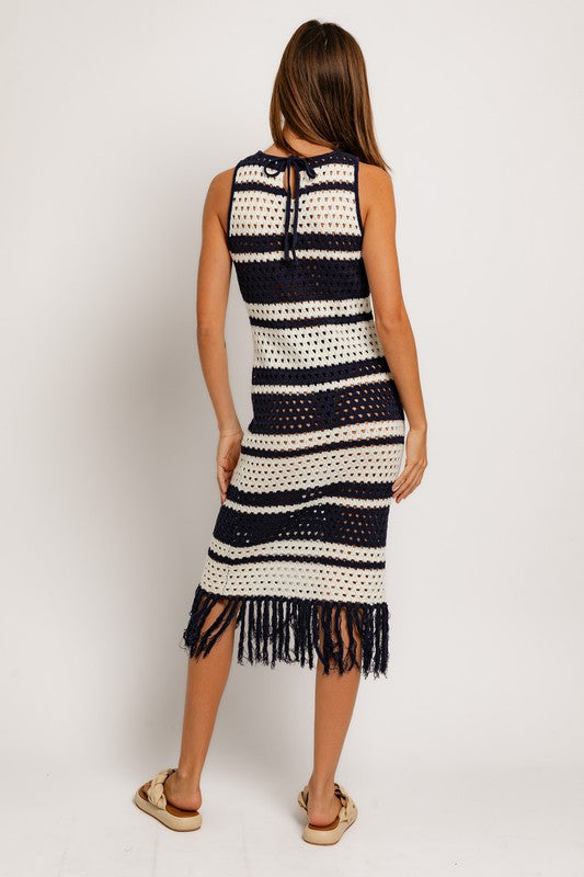 STYLED BY ALX COUTURE MIAMI BOUTIQUE Model is wearing White Navy Stripe Sleeveless Crochet Effect Sweater Dress back view 