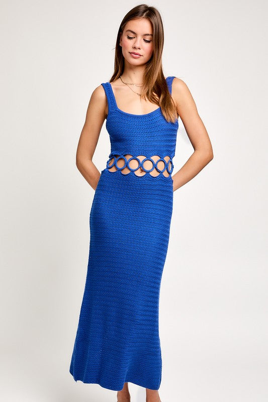 model wearing Blue Crochet Sleeveless Midi Dress