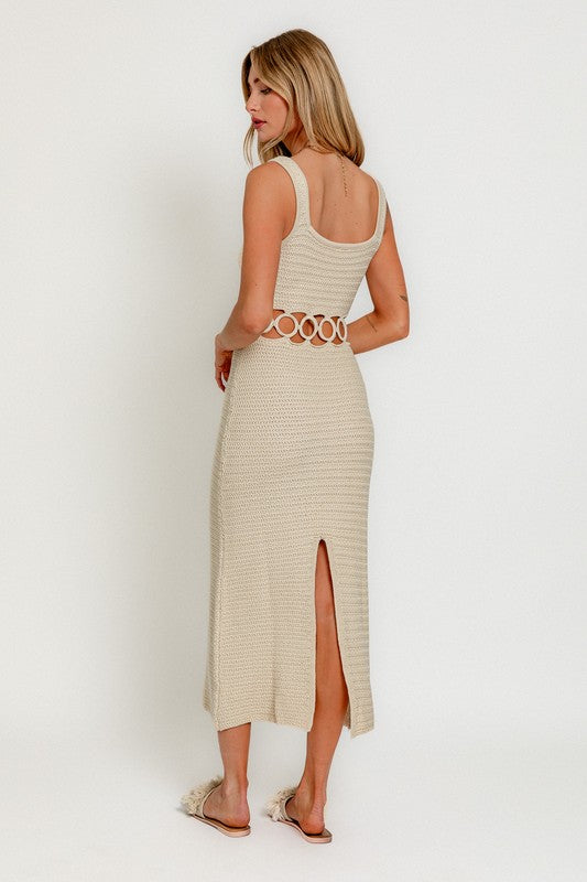 STYLED BY ALX COUTURE MIAMI BOUTIQUE Model is wearing Cream Square Neck Sleeveless Crochet Midi Dress back view of the dress detail 