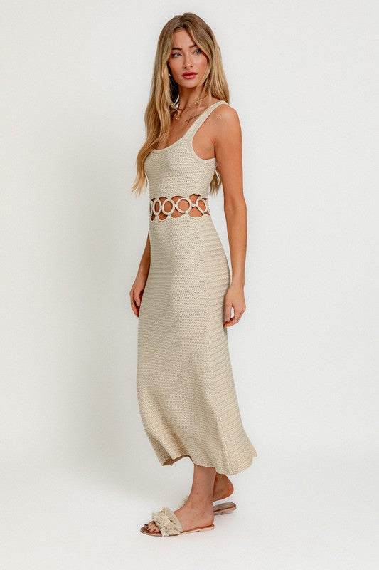 STYLED BY ALX COUTURE MIAMI BOUTIQUE Model is wearing Cream Square Neck Sleeveless Crochet Midi Dress 