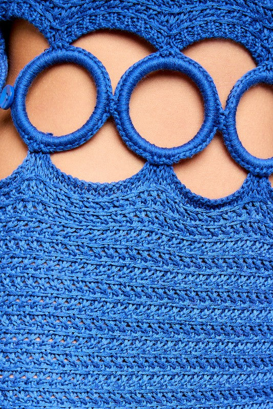 close up view of crochet cut out detail of the Blue Crochet Sleeveless Midi Dress
