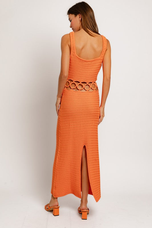 back of the Orange Crochet Sleeveless Midi Dress 