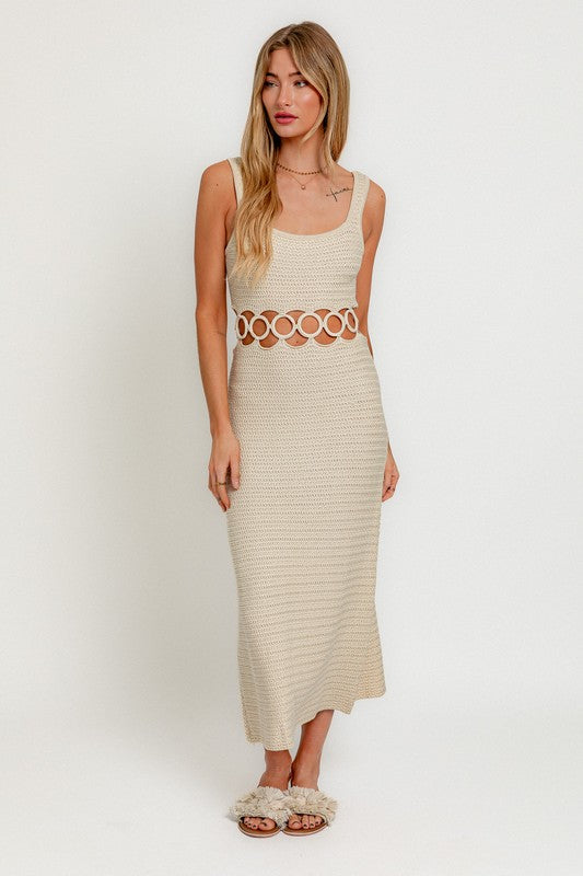 STYLED BY ALX COUTURE MIAMI BOUTIQUE Model is wearing Cream Square Neck Sleeveless Crochet Midi Dress and slip on sandals 