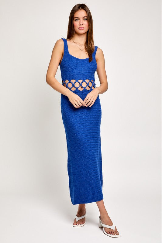 model is wearing Blue Crochet Sleeveless Midi Dress with white sandals 