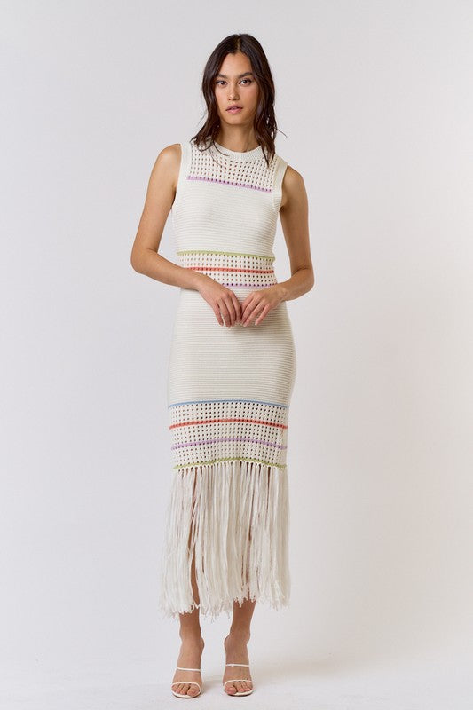 model is wearing Off White Knit Stripe Long Dress with high heels 