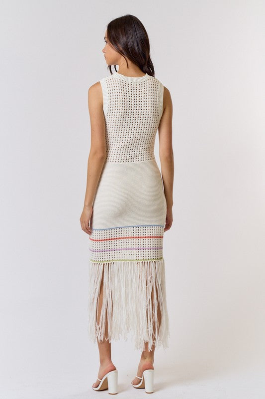 back of the Off White Knit Stripe Long Dress