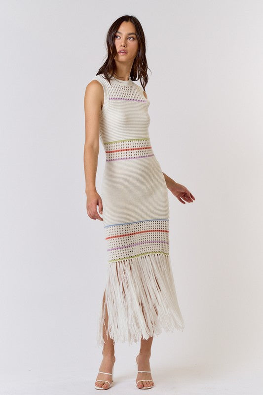 model is wearing Off White Knit Stripe Long Dress 